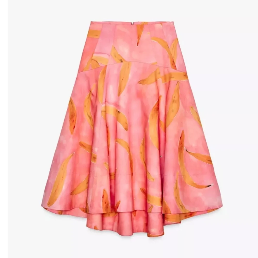 Zara Zw Collection Pink Printed Midi Skirt Sz-M